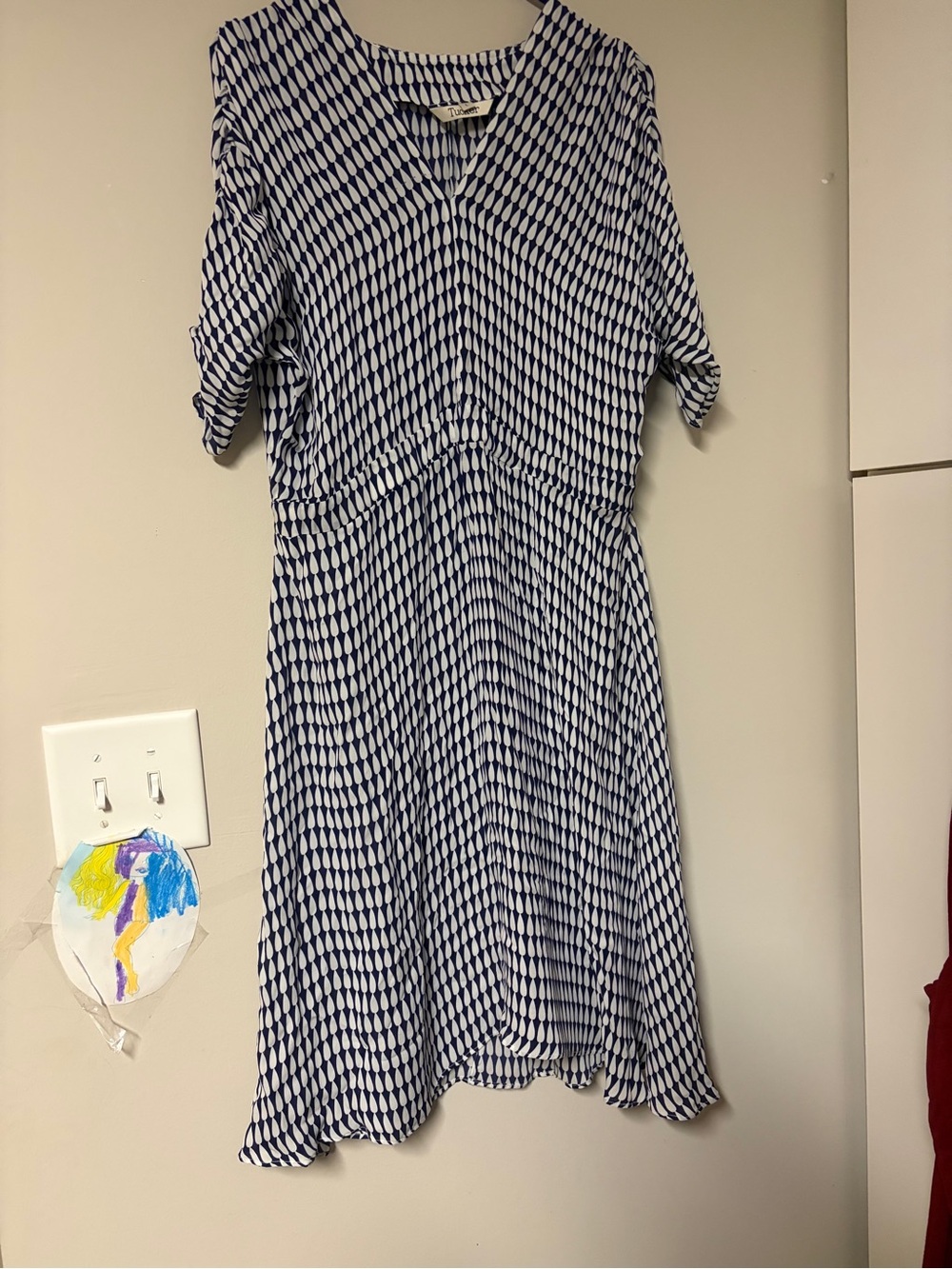 Tucker Asymmetrical Geometric Teardrop Silk Dress Navy and White 3/4 Sleeve EUC